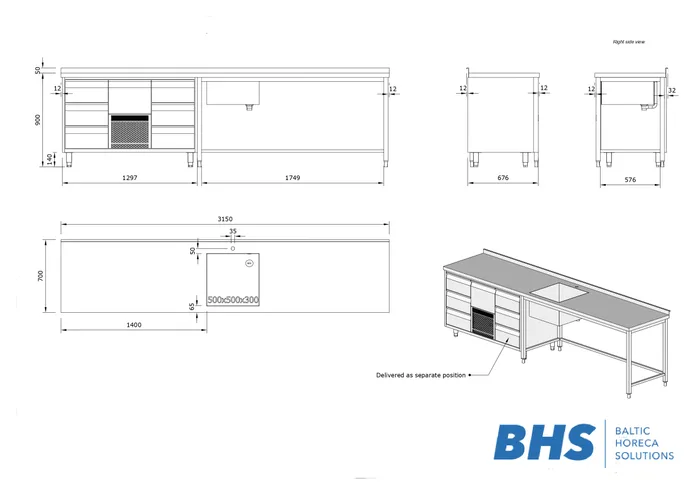 Roostevabast terasest töölaud valamuga ja külmlauaga 3150x700x900 mm